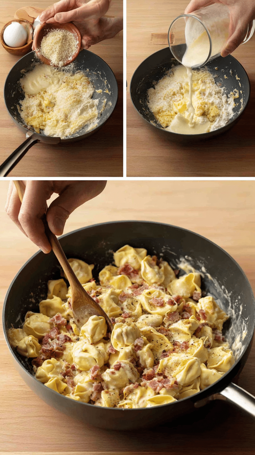 Preparing Tortellini Carbonara step by step cooking process