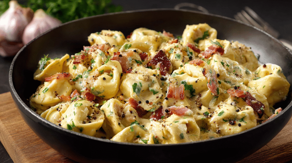 Tortellini Carbonara hero shot of the finished dish