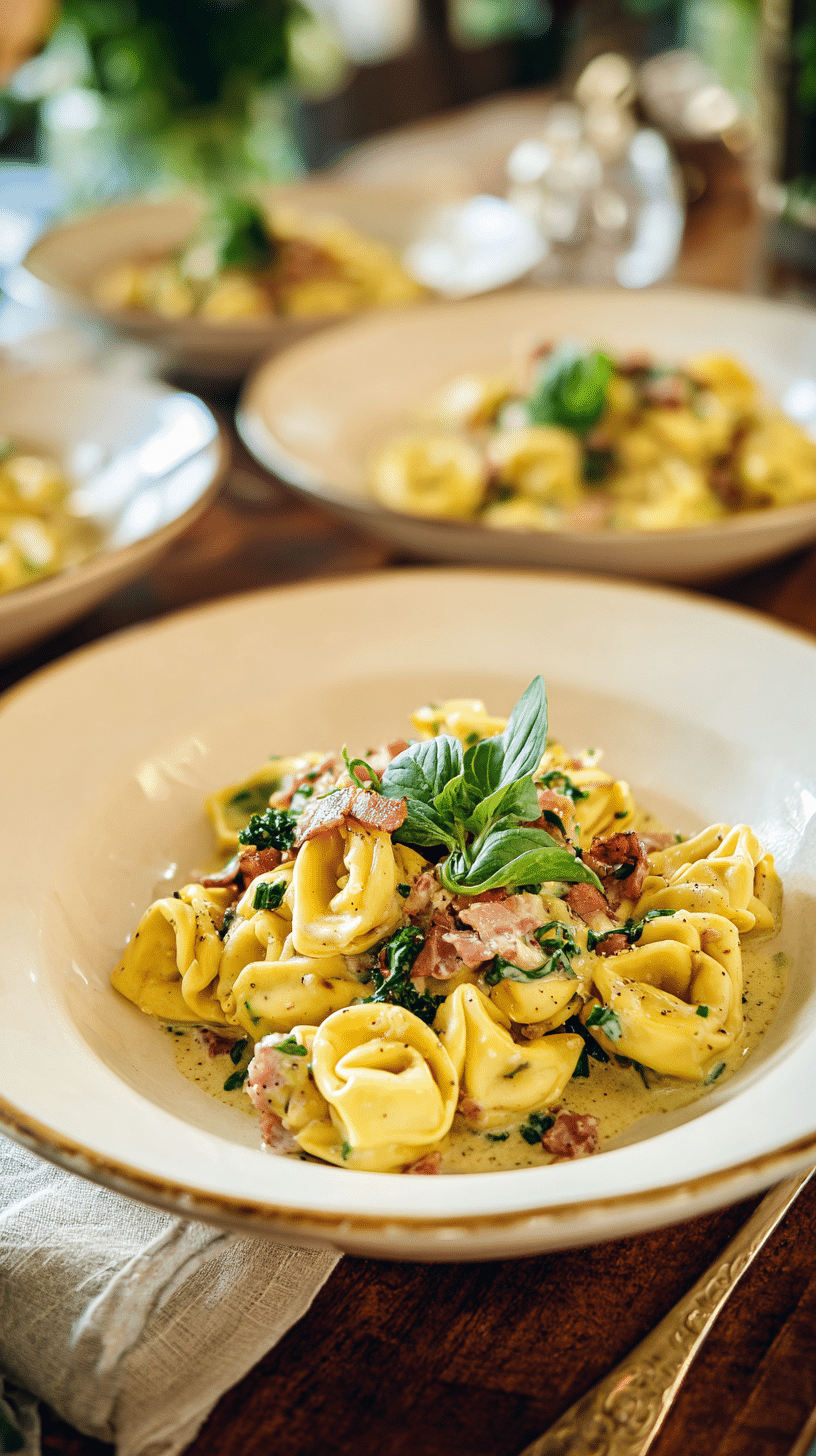 Tortellini Carbonara being served on beautiful dinnerware