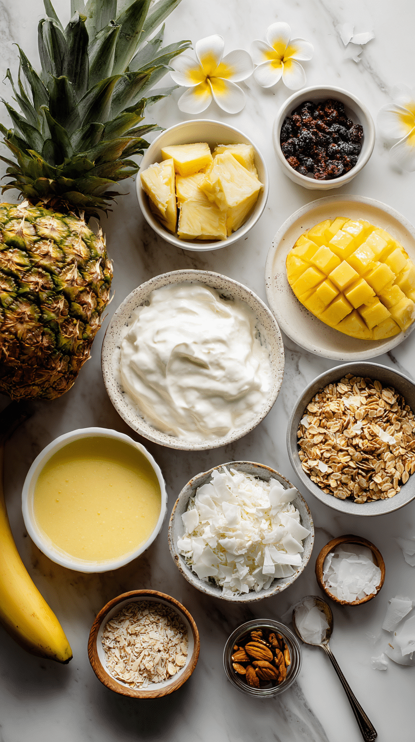 Tropical Hawaiian Ice Cream Pie ingredients arranged on marble countertop