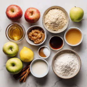 Ingredients for Vegan Applesauce Cake arranged on marble countertop