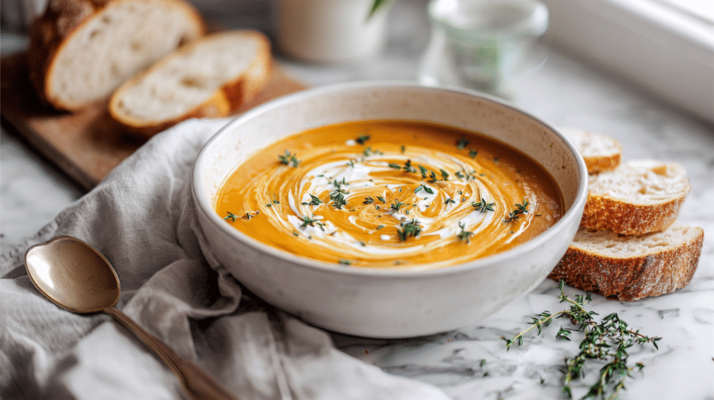 Vegan Carrot Potato Soup hero shot in a white bowl with cashew cream and thyme, rustic bread on the side
