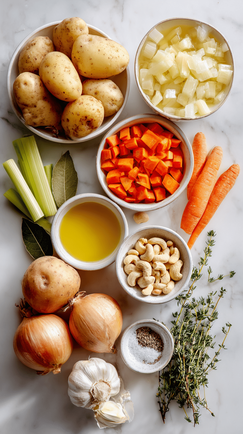 Ingredients for Vegan Carrot Potato Soup arranged on marble countertop