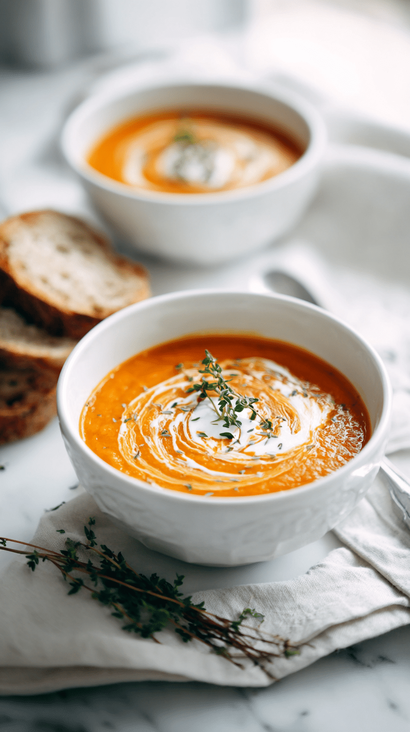 Top-down view of Vegan Carrot Potato Soup with cashew cream and thyme