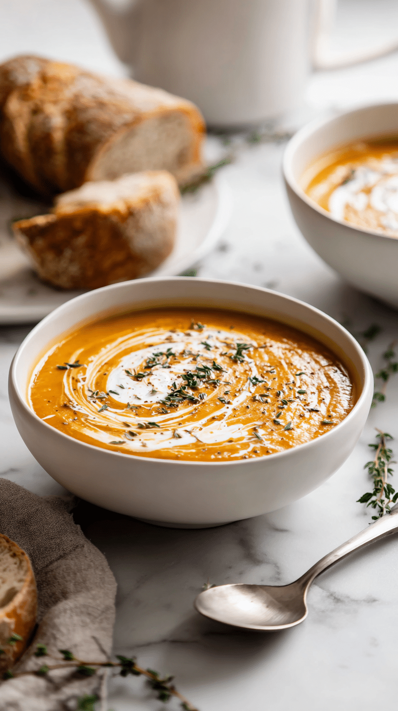 Serving Vegan Carrot Potato Soup with cashew cream and bread