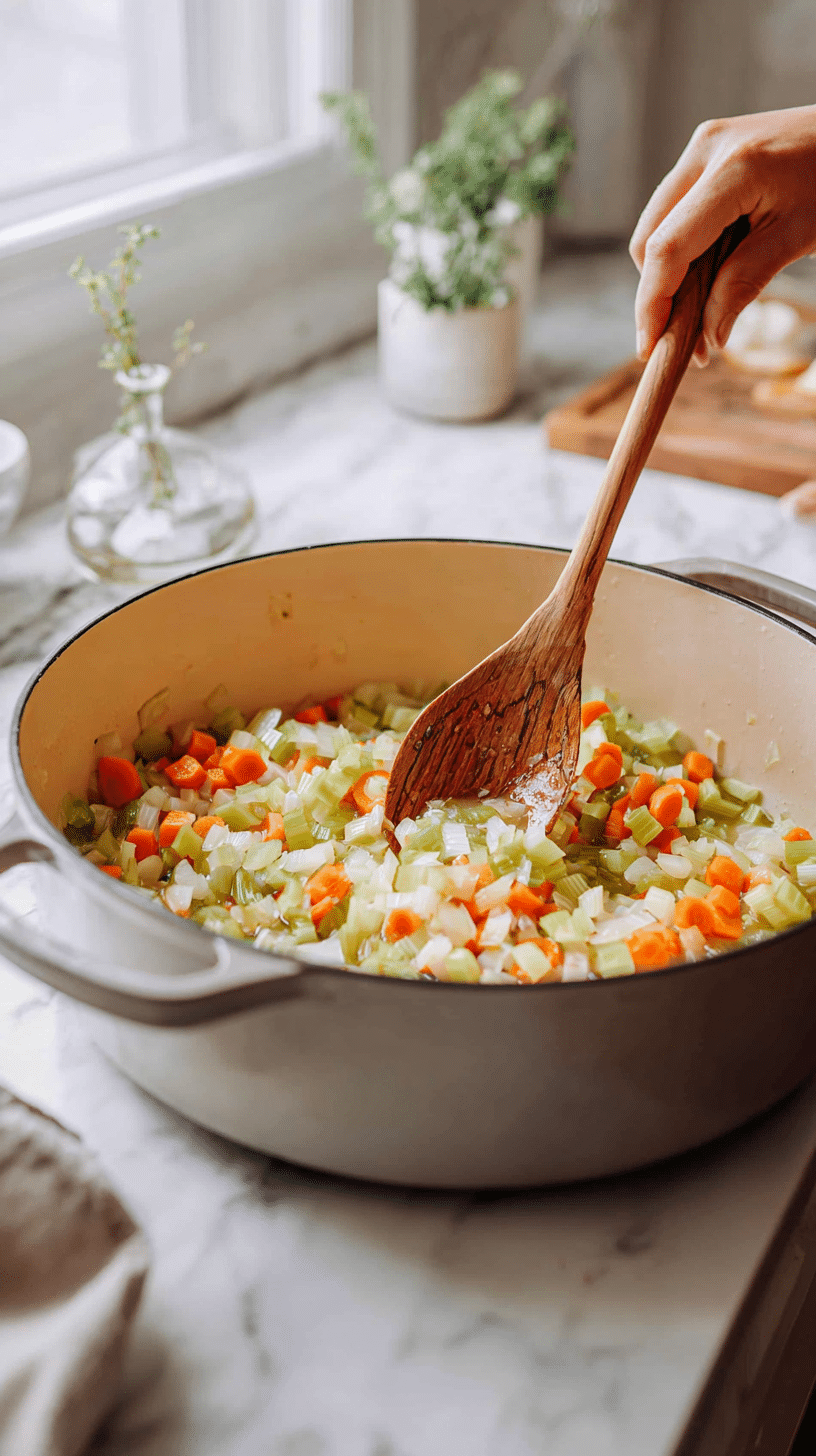 Sautéing vegetables for Vegan Carrot Potato Soup in Dutch oven