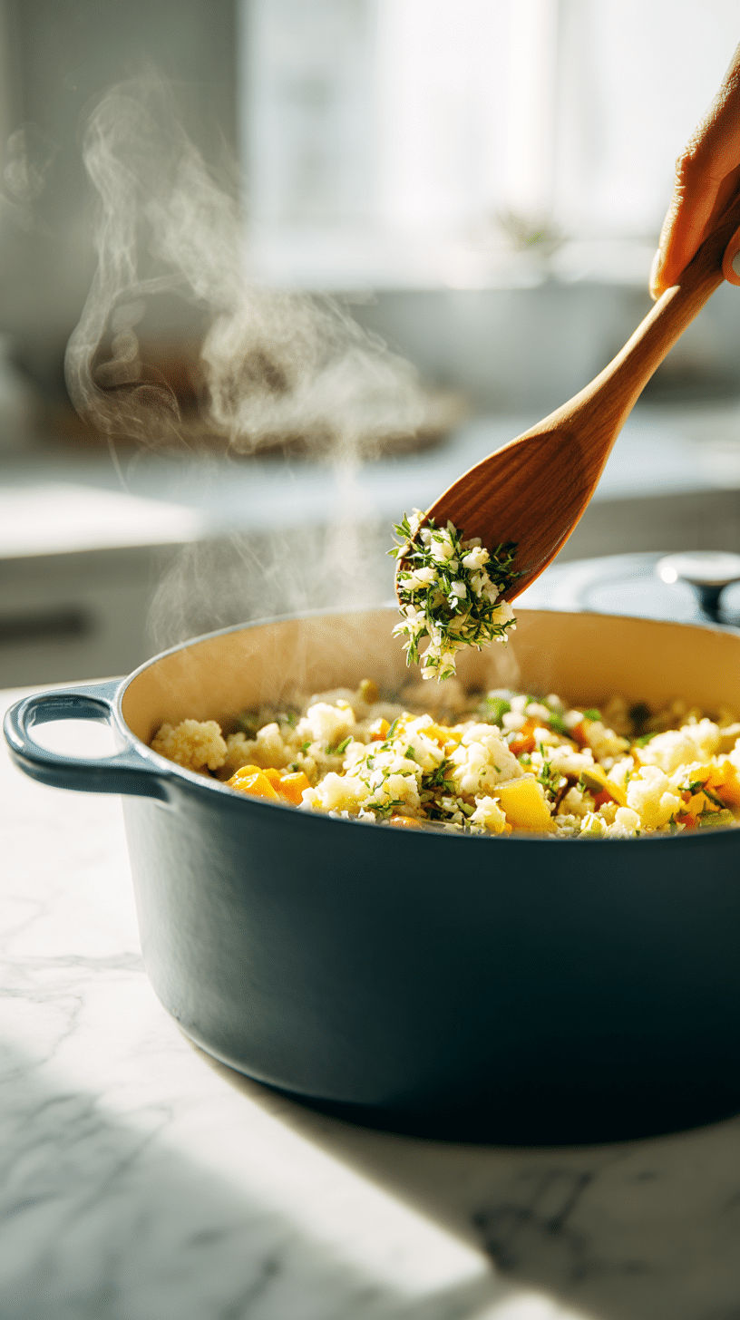 Adding garlic and thyme to Vegan Carrot Potato Soup vegetables in Dutch oven