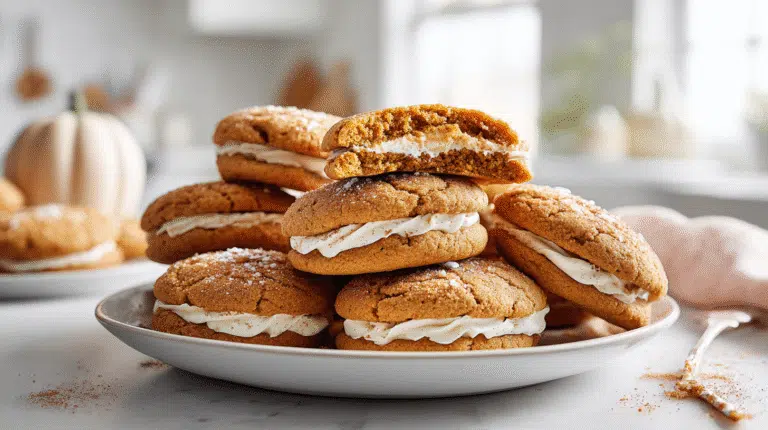 Vegan Pumpkin Pie Cookies stacked on a marble countertop with creamy pumpkin filling visible