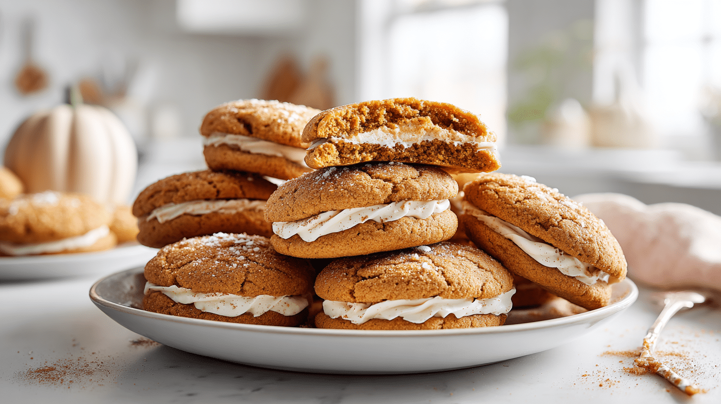 Vegan Pumpkin Pie Cookies stacked on a marble countertop with creamy pumpkin filling visible