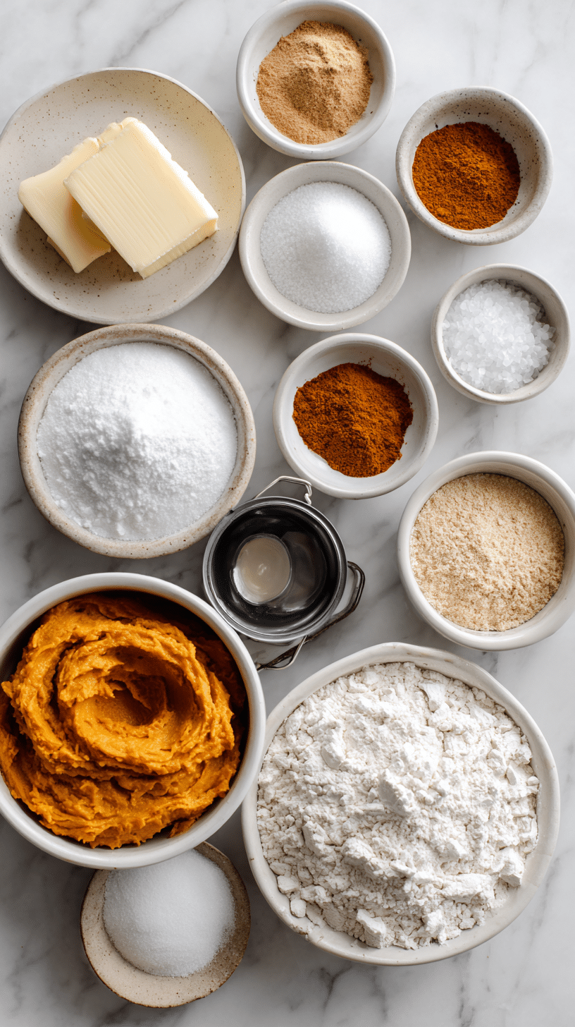 Ingredients for Vegan Pumpkin Pie Cookies arranged on marble countertop