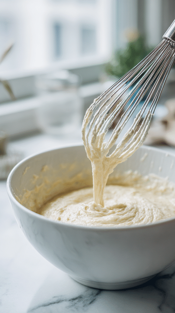 whisking batter for blueberry cake donuts