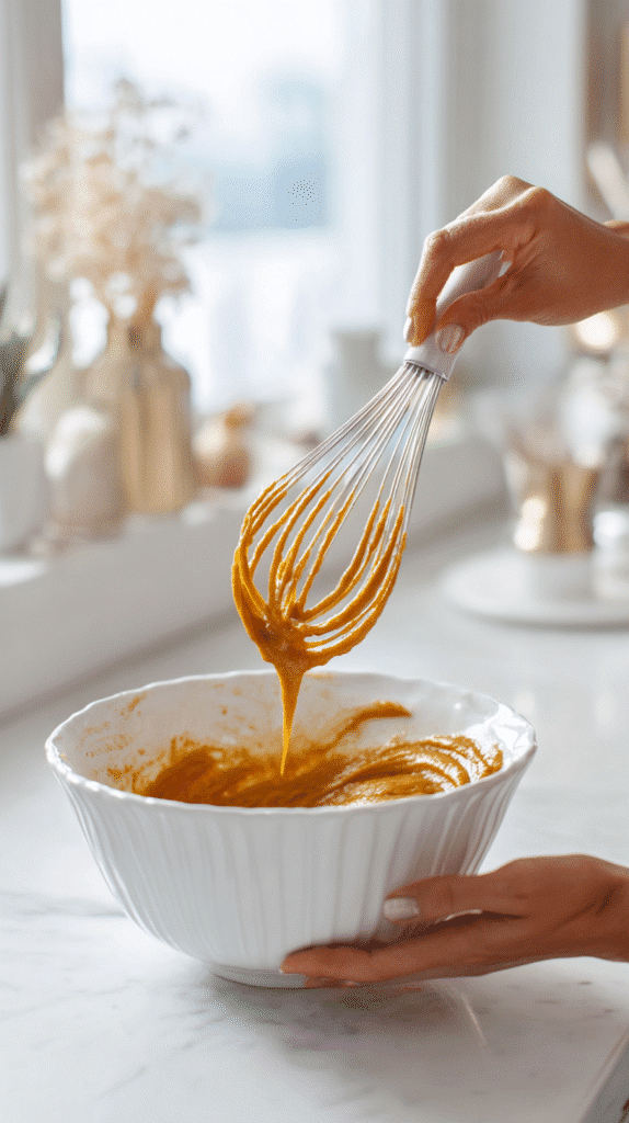 whisking pumpkin batter for gluten-free pumpkin donuts