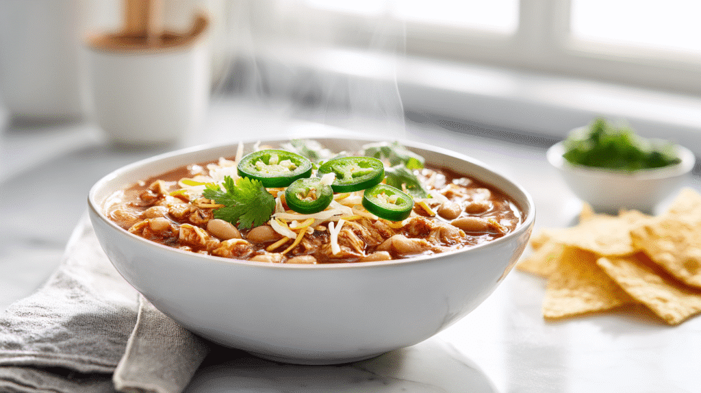 White Bean Chicken Chili hero shot in a white bowl with toppings and tortilla chips
