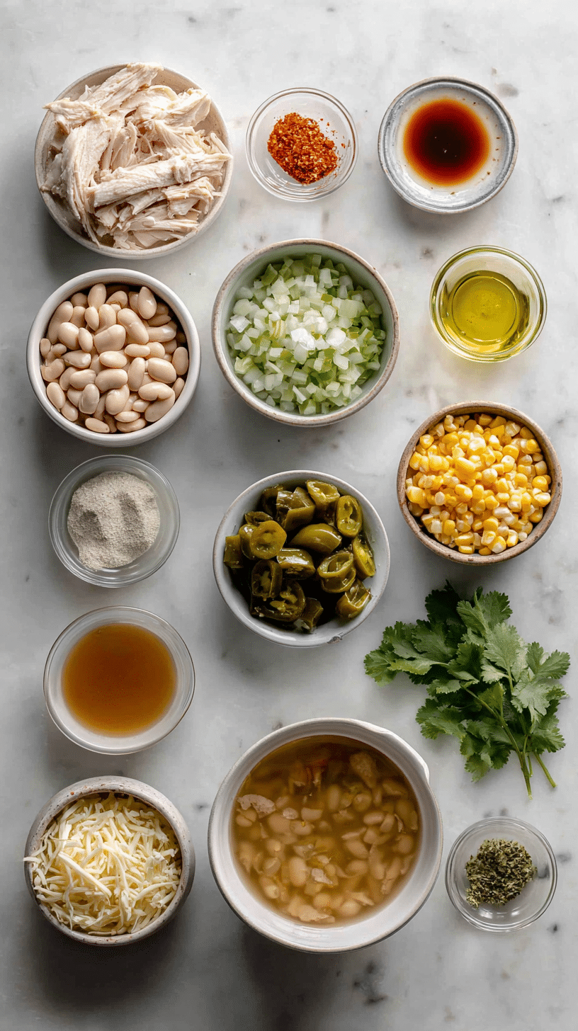Ingredients for White Bean Chicken Chili arranged on marble countertop