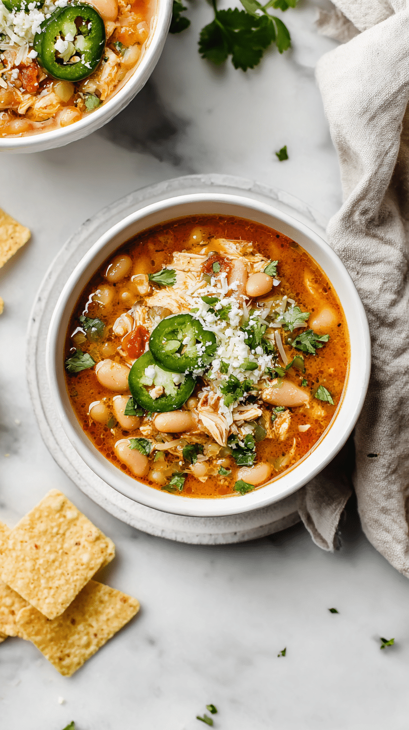 White Bean Chicken Chili being served with toppings and tortilla chips