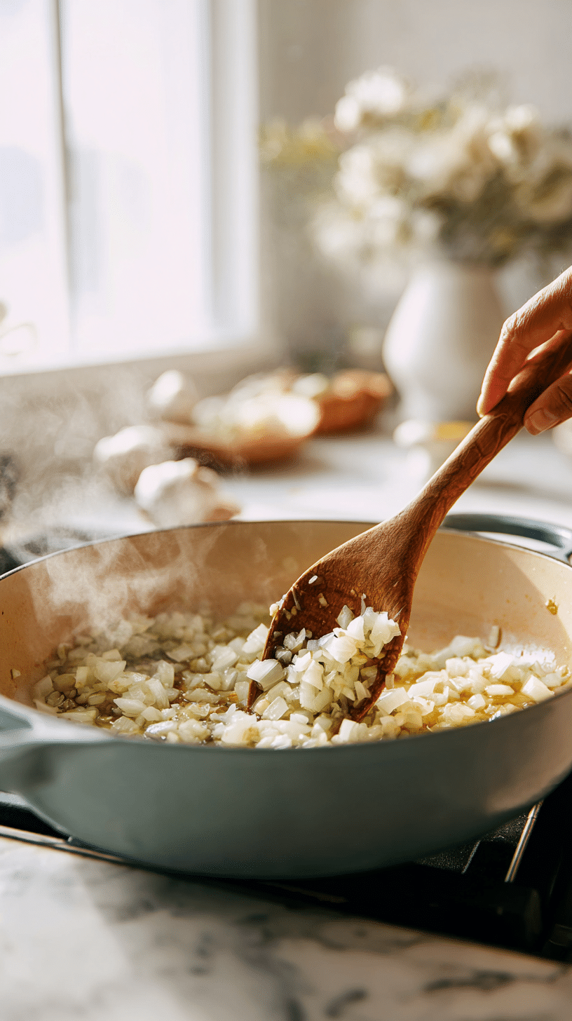 White Bean Chicken Chili step 1 sautéing onions and garlic in Dutch oven
