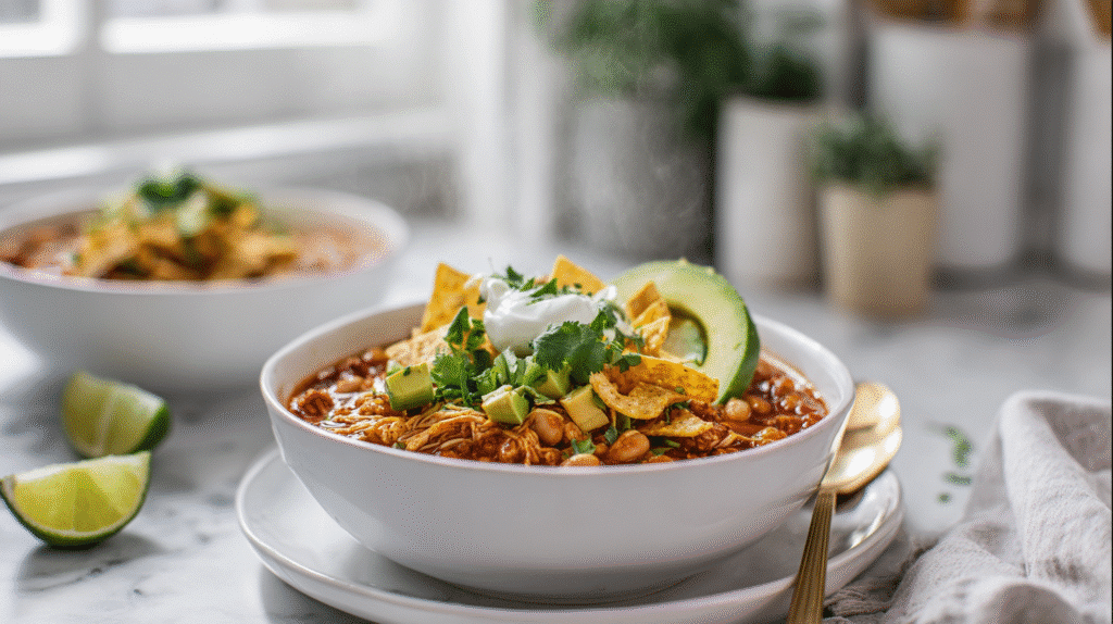 white chicken chili crockpot hero shot in a white bowl with toppings on marble countertop