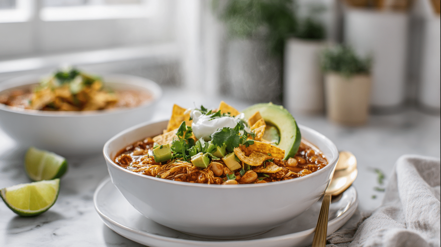white chicken chili crockpot hero shot in a white bowl with toppings on marble countertop