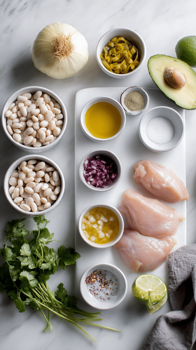 white chicken chili crockpot ingredients arranged on white marble countertop