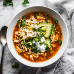 white chicken chili crockpot recipe card image with toppings on marble countertop