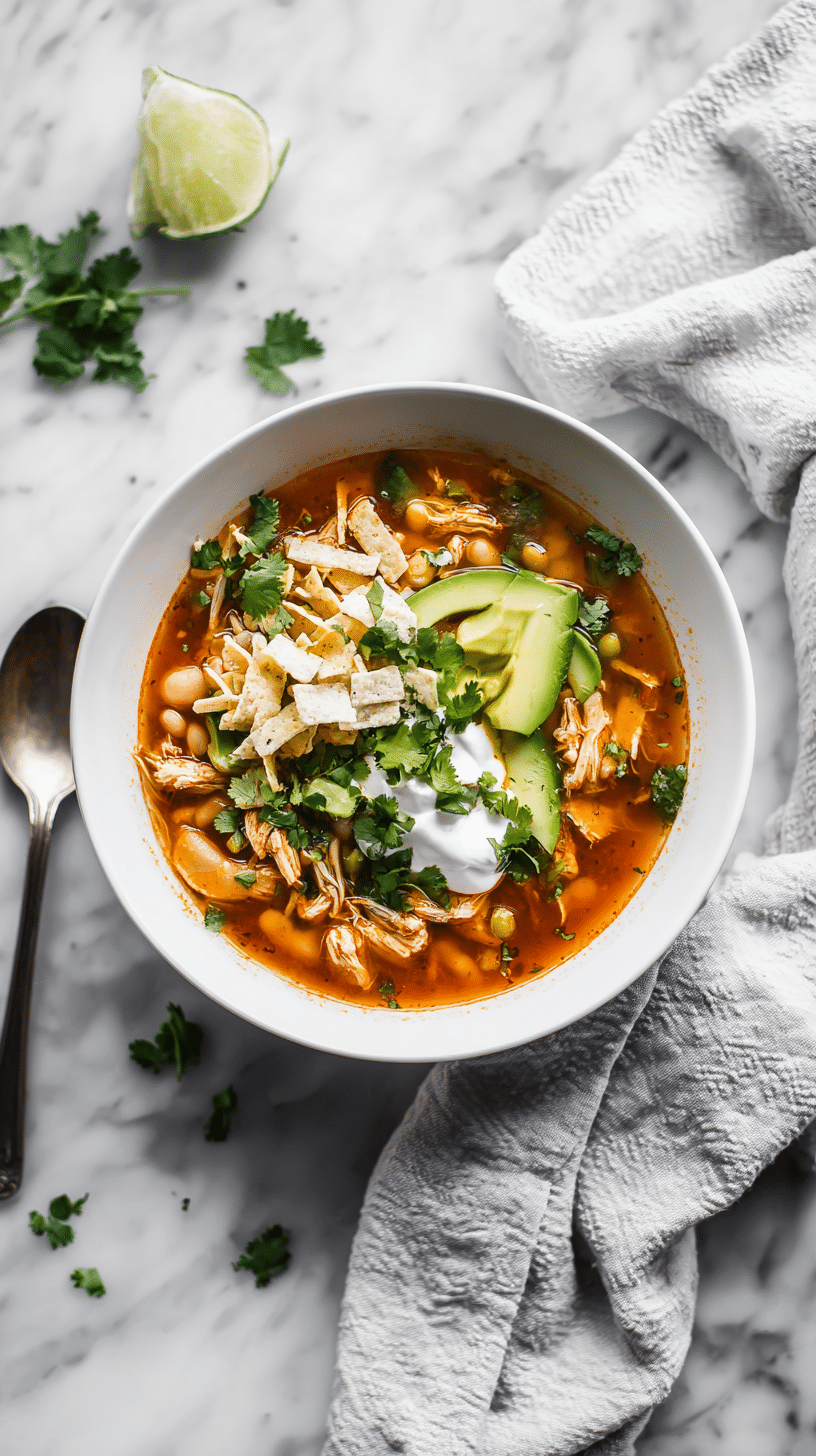 white chicken chili crockpot recipe card image with toppings on marble countertop