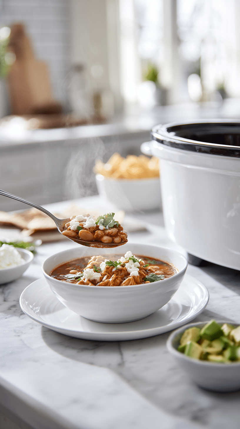 serving white chicken chili crockpot from crockpot into bowl with toppings