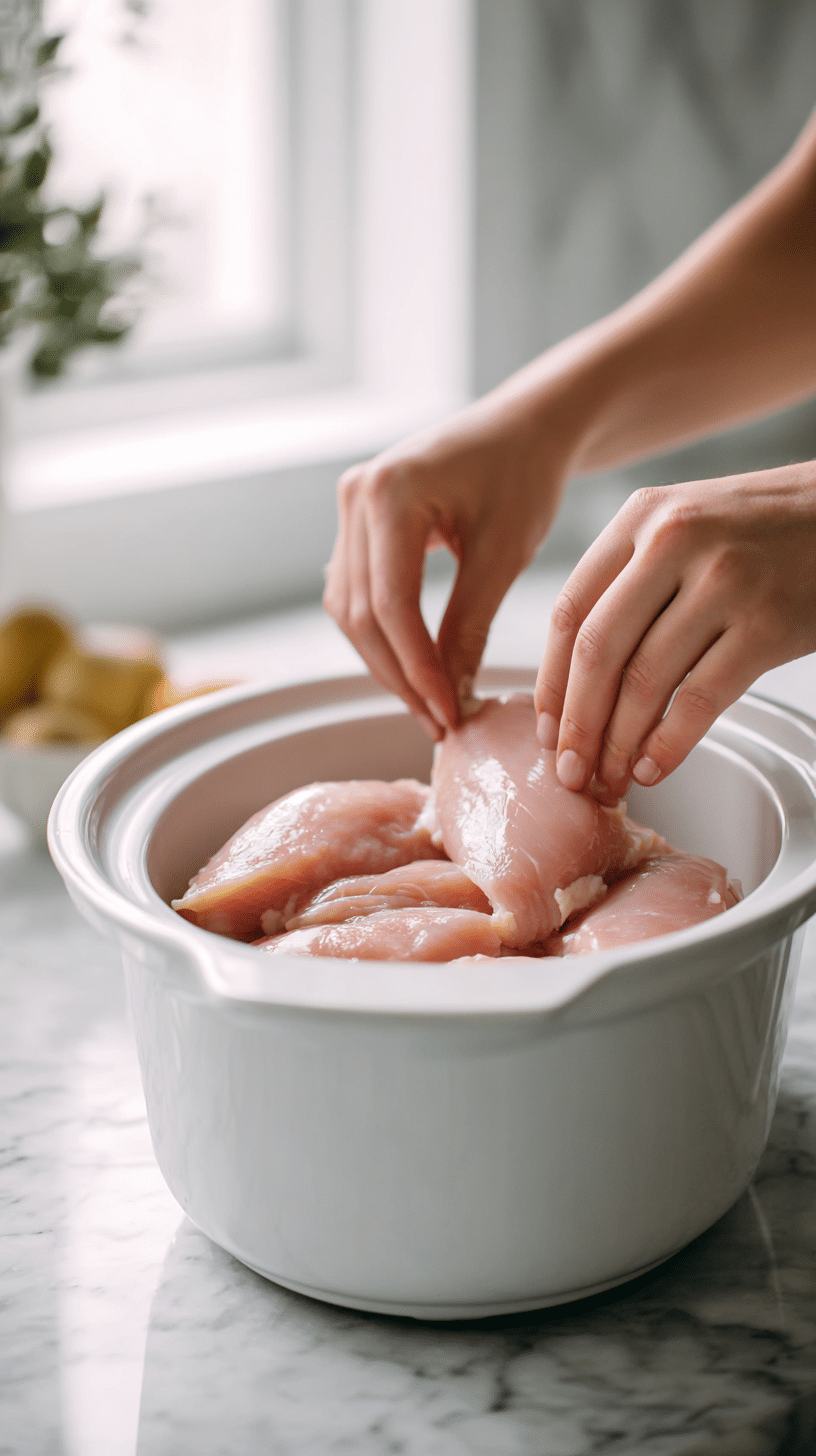 placing chicken breasts in crockpot for white chicken chili crockpot