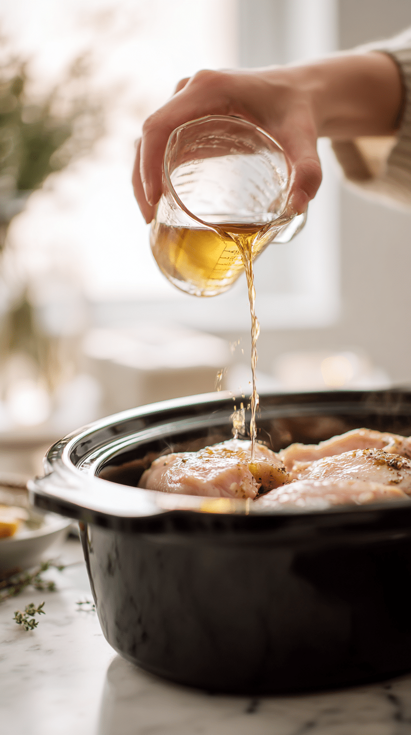 pouring chicken stock over chicken in crockpot for white chicken chili crockpot
