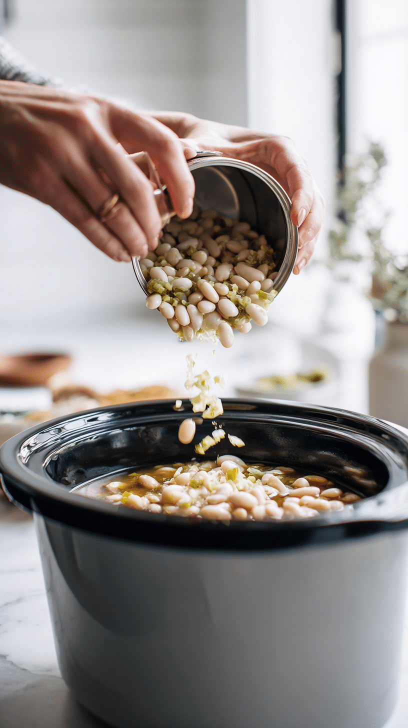 adding white beans and green chiles to crockpot for white chicken chili crockpot