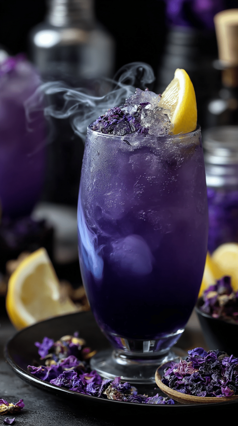 Witches Brew Lemonade being served in a glass with a swirling effect