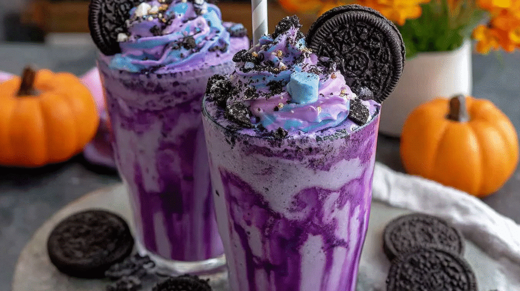 Witches Brew Oreo Milkshake hero shot with purple swirls and Halloween sprinkles