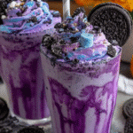 Witches Brew Oreo Milkshake hero shot with purple swirls and Halloween sprinkles
