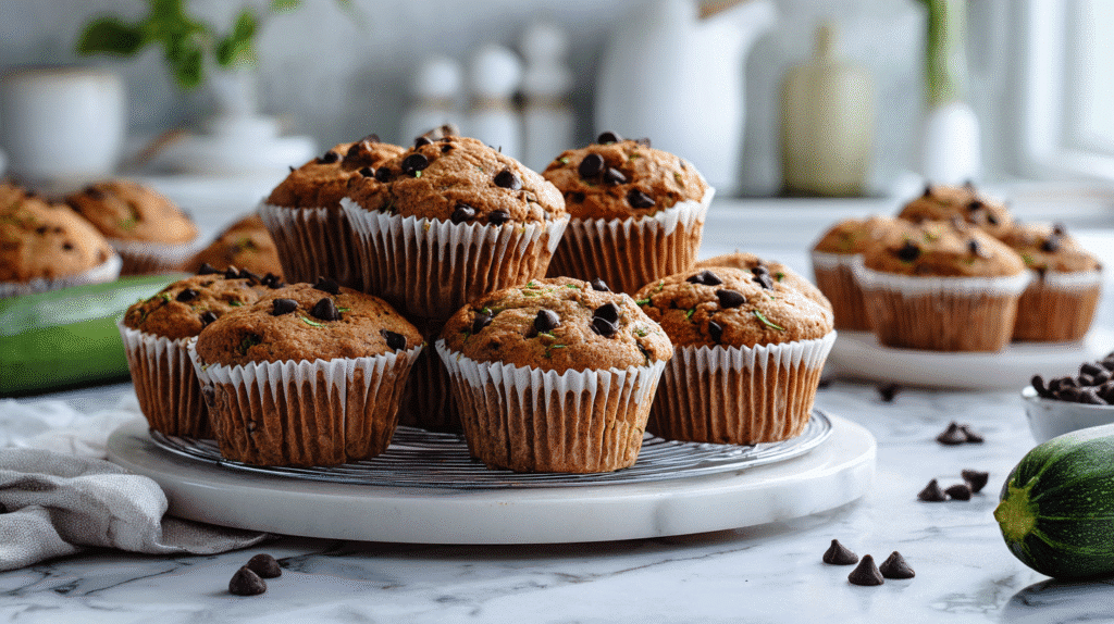 Freshly baked zucchini chocolate chip muffins cooling on a rack in a bright kitchen
