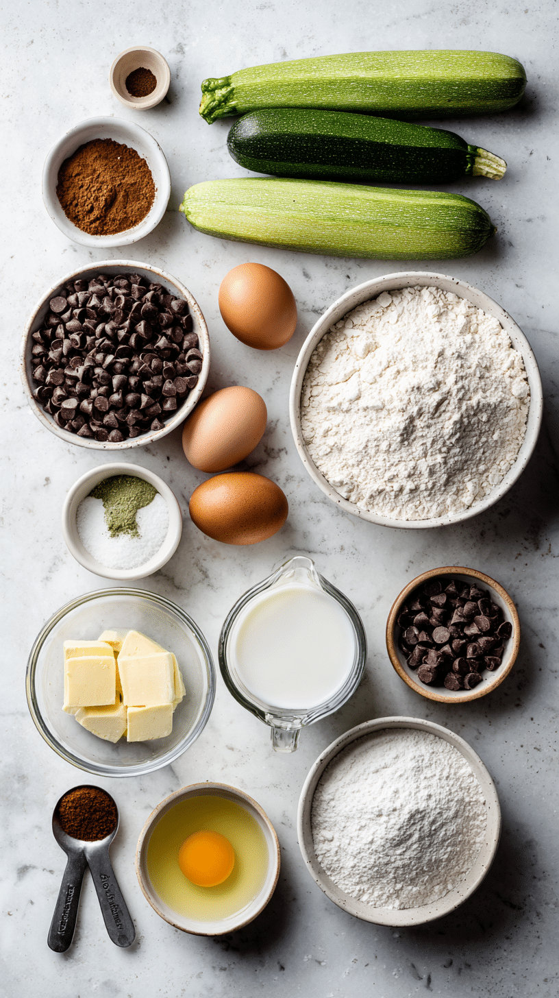 Ingredients for zucchini chocolate chip muffins arranged on marble countertop