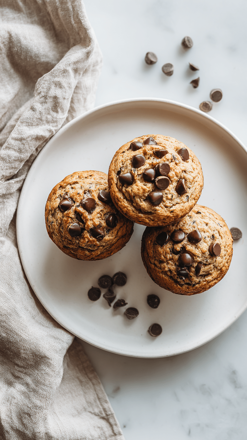 Top-down view of zucchini chocolate chip muffins on a white plate
