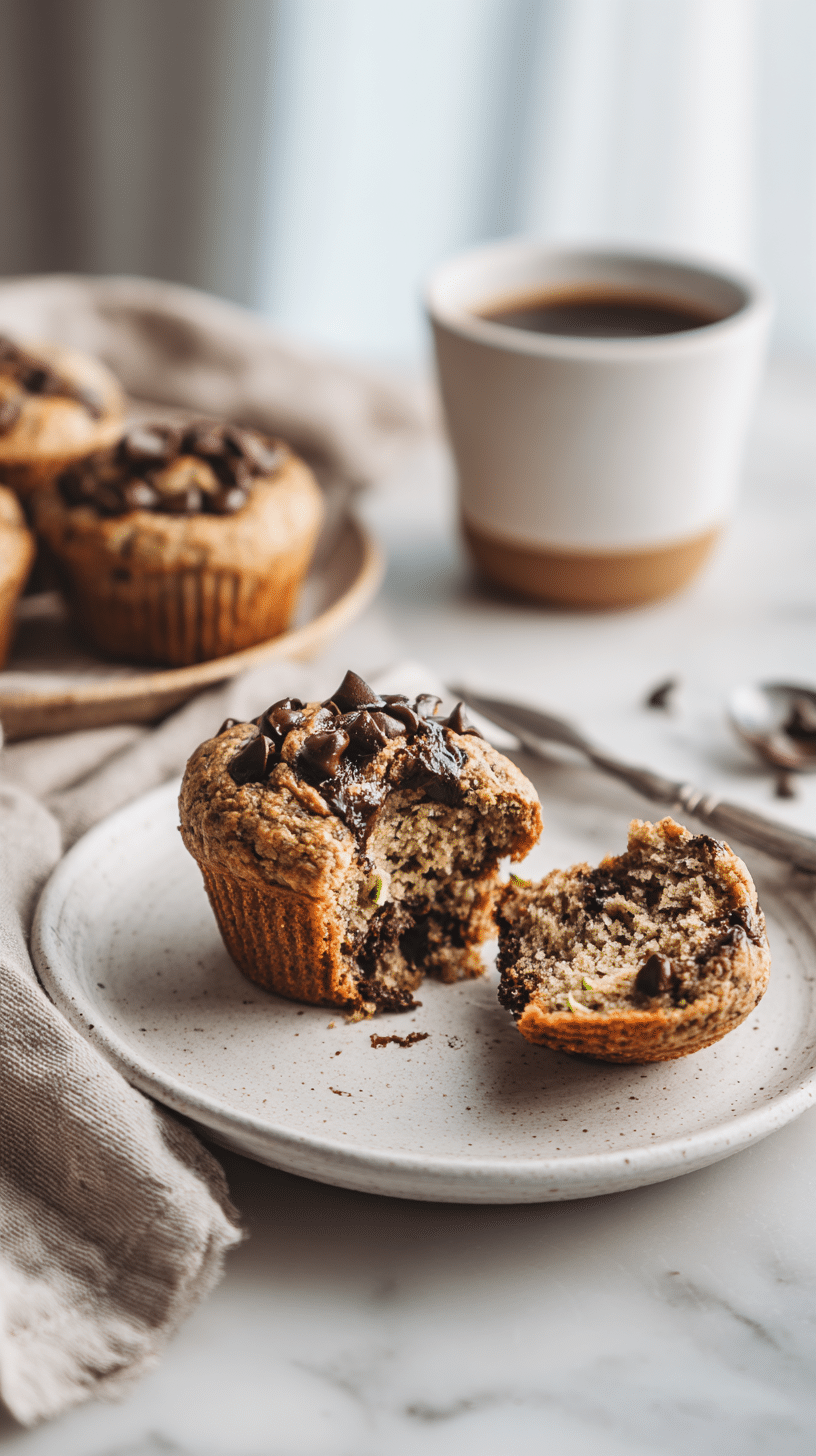 Zucchini chocolate chip muffins served with coffee, one muffin broken open to show inside