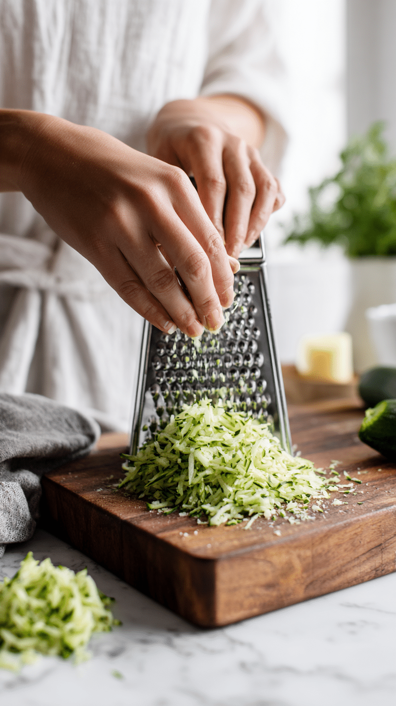 Grating zucchini for zucchini chocolate chip muffins on a wooden board