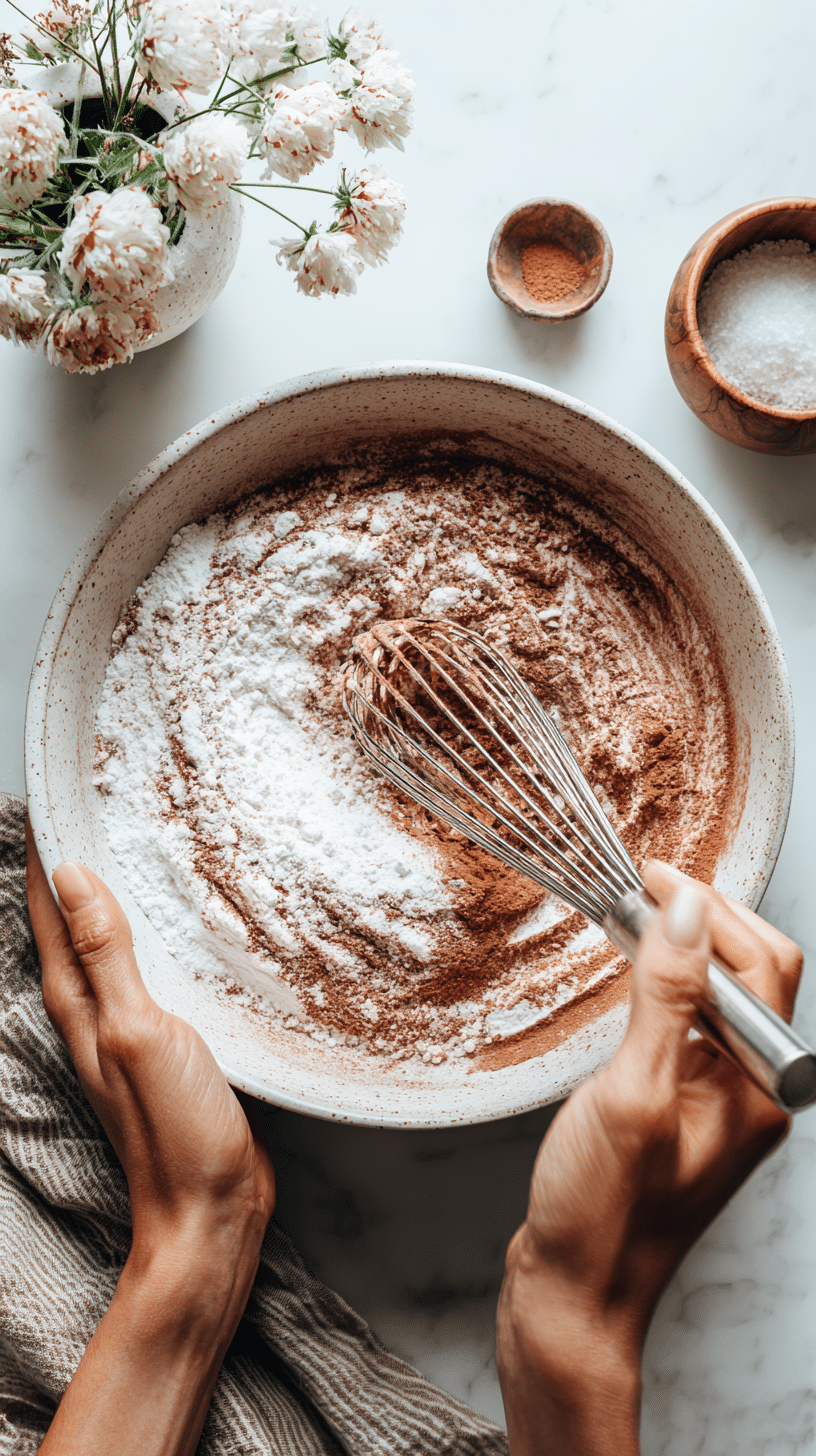 Whisking dry ingredients for zucchini chocolate chip muffins in a large bowl