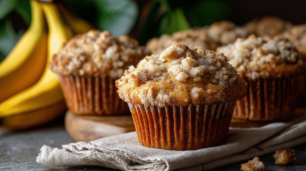 Hero shot of 30-Minute Banana Streusel Muffins with golden streusel topping