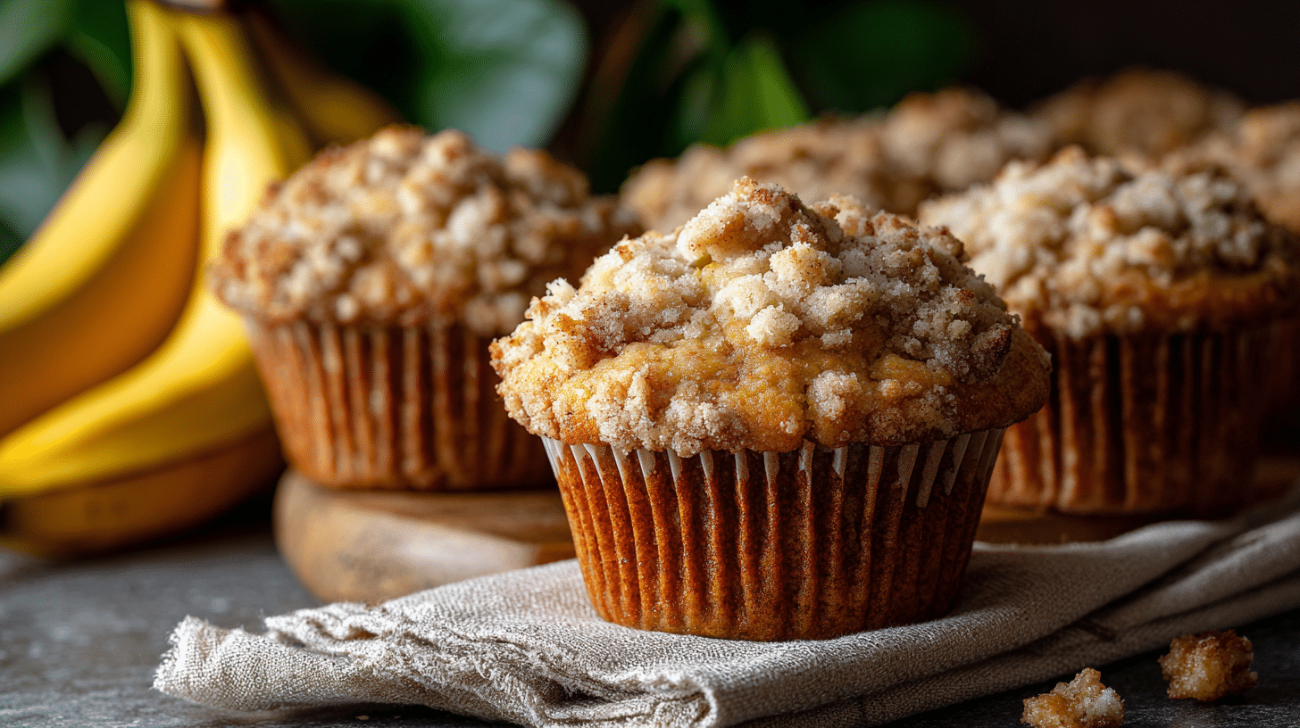 Hero shot of 30-Minute Banana Streusel Muffins with golden streusel topping