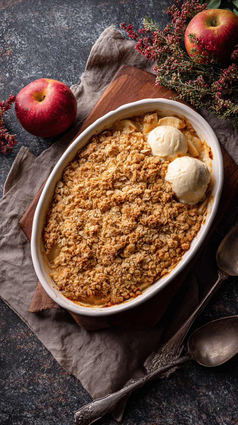 Apple Crisp with Oats being served on beautiful dinnerware