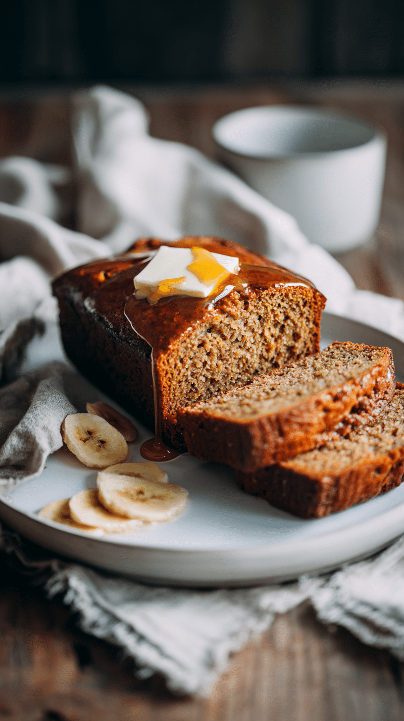 Banana Bread being served on beautiful dinnerware