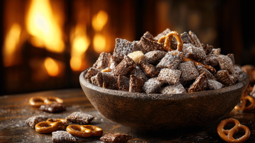 Brownie batter puppy chow hero shot of the finished dish