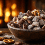 Brownie batter puppy chow hero shot of the finished dish