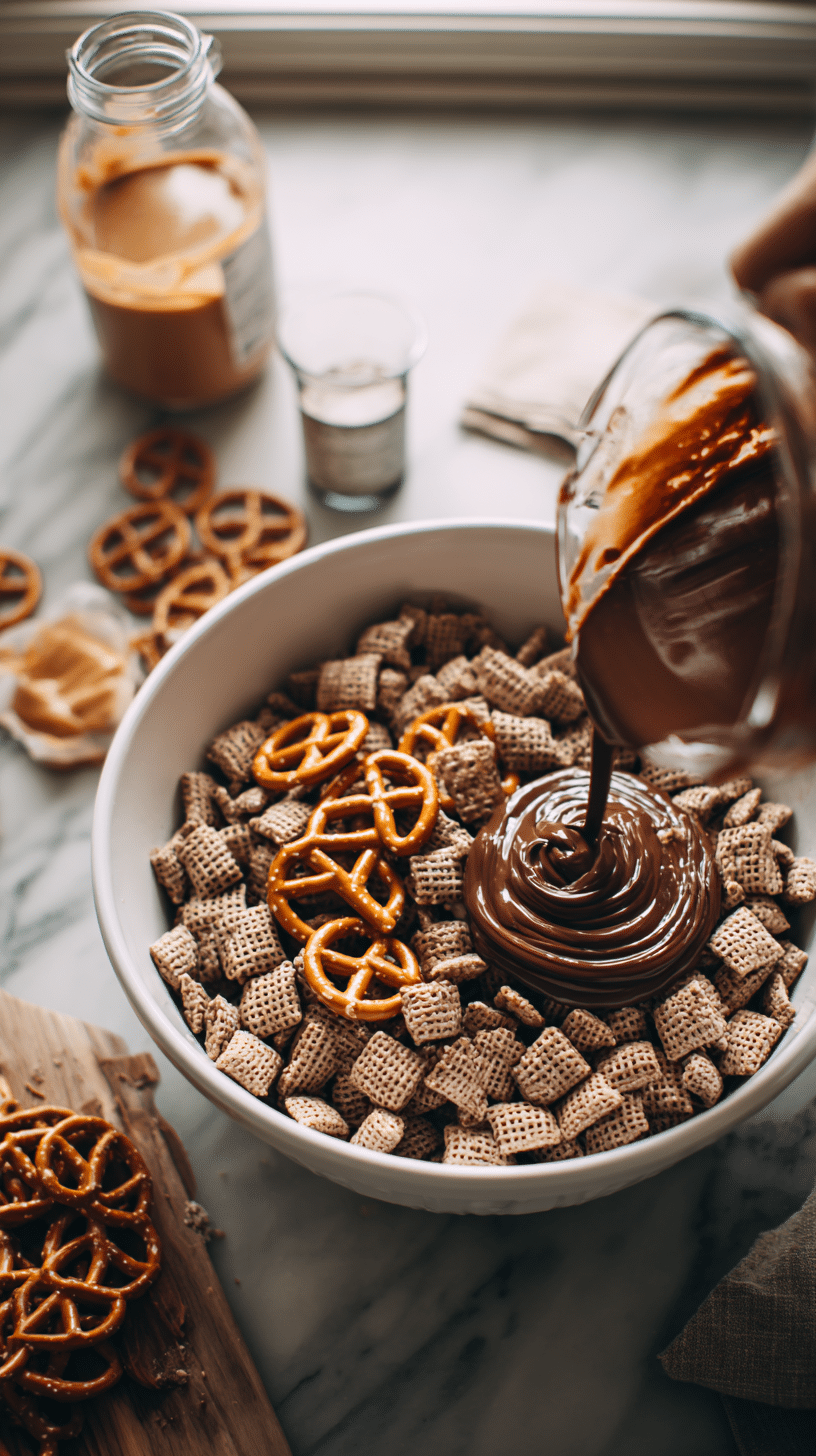 Preparing Brownie batter puppy chow step by step cooking process