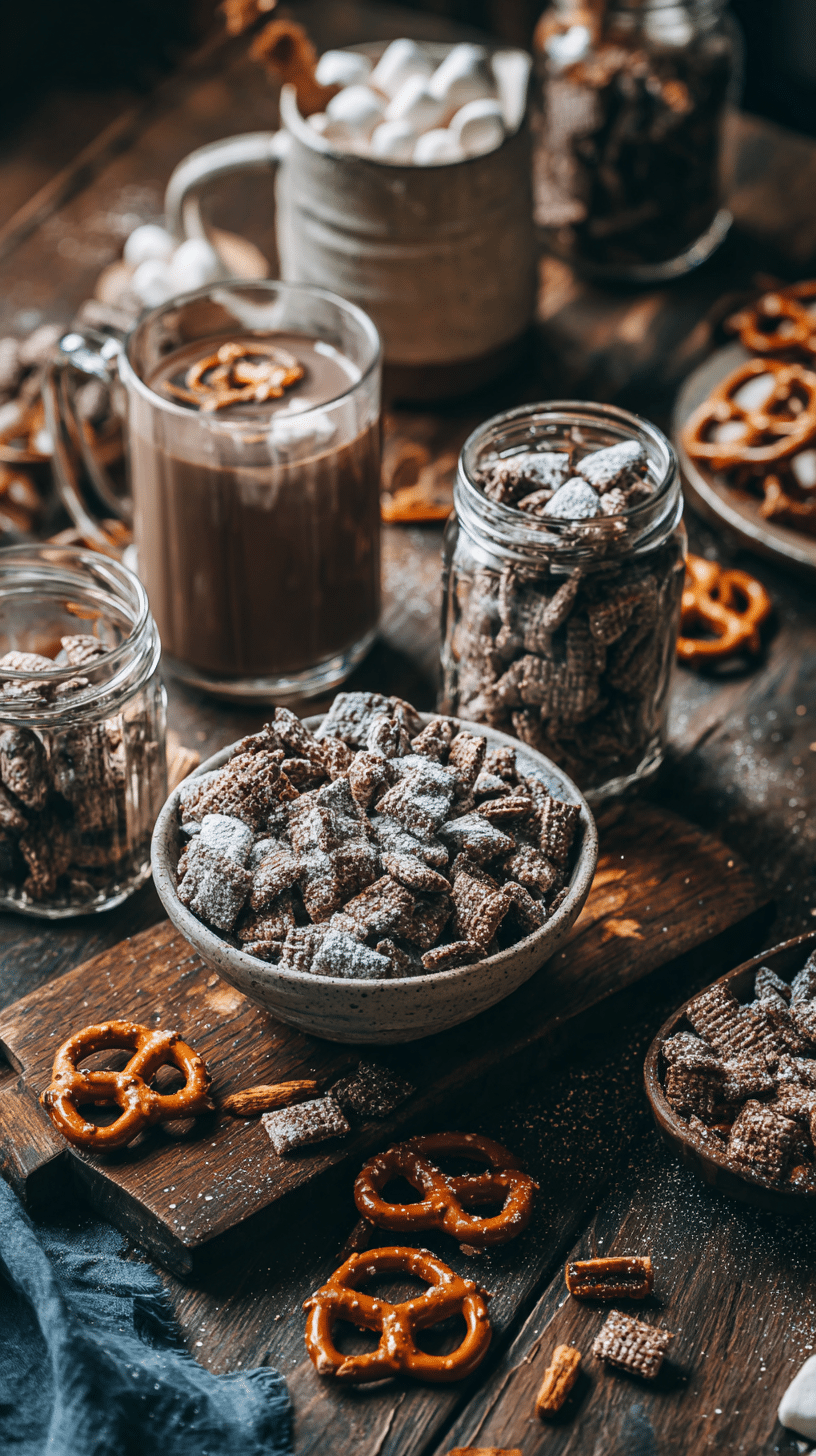 Brownie batter puppy chow being served on beautiful dinnerware