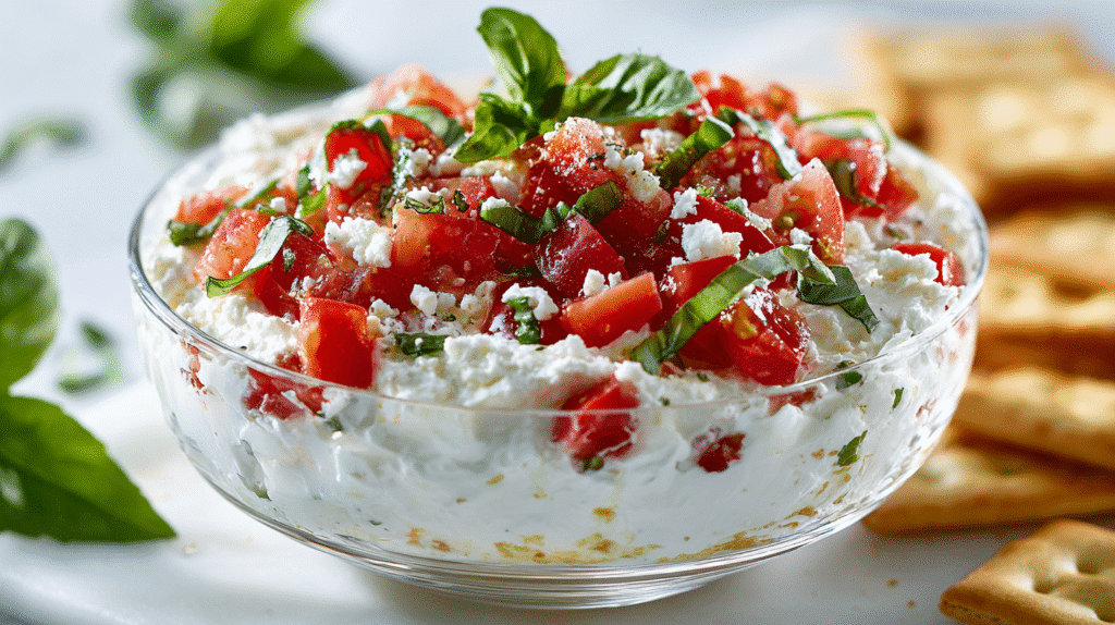 Bruschetta Dip hero shot with Roma tomatoes and basil