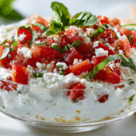 Bruschetta Dip hero shot with Roma tomatoes and basil