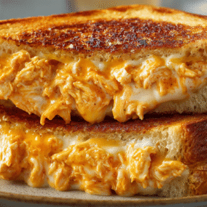 Buffalo Chicken Grilled Cheese hero shot with golden brown bread and melted cheese