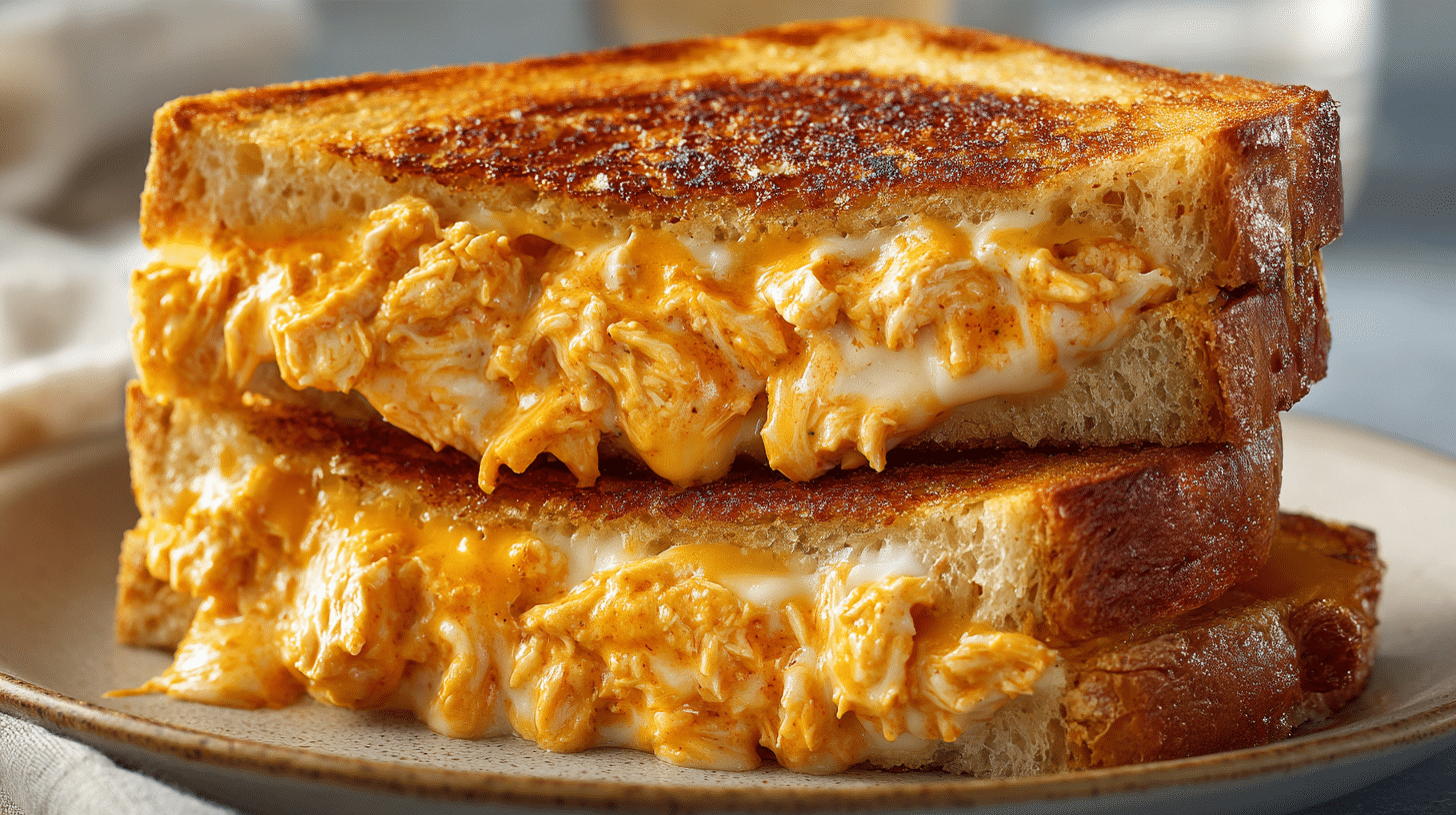 Buffalo Chicken Grilled Cheese hero shot with golden brown bread and melted cheese